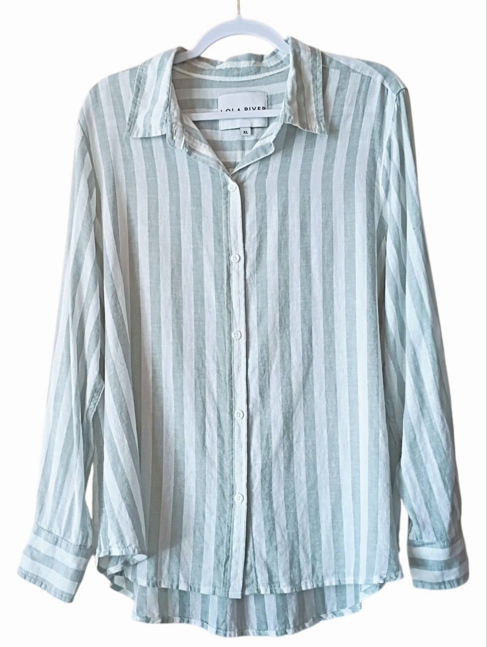 LOLA RIVER Womens Shirt Button Down Light Gree  White Stripes Linen Blend XL